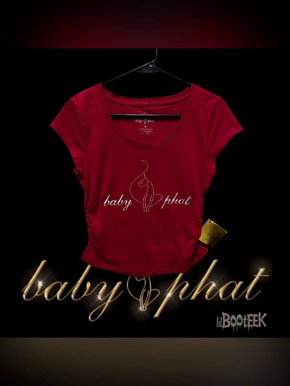 Baby Phat LG Rio Red Rhinestone Cat Logo Ruched Sides Baby Tee NEW Viral Y2K